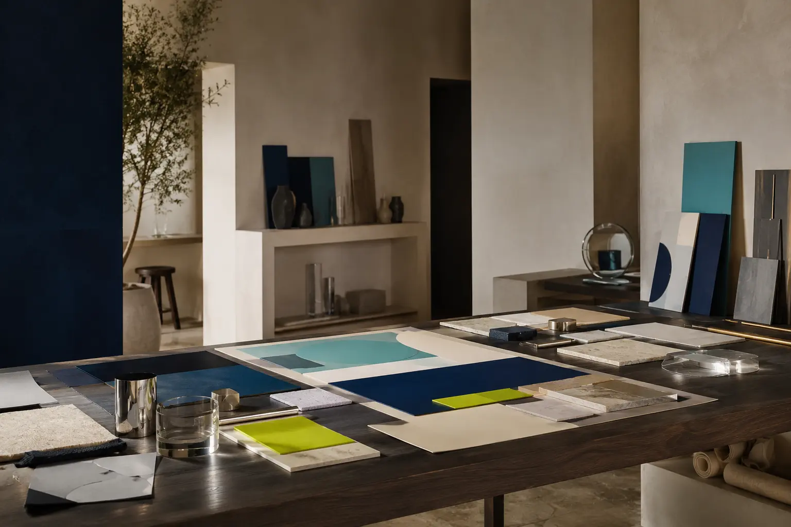 Studio créatif composé de couleurs, matières et objets éditoriaux